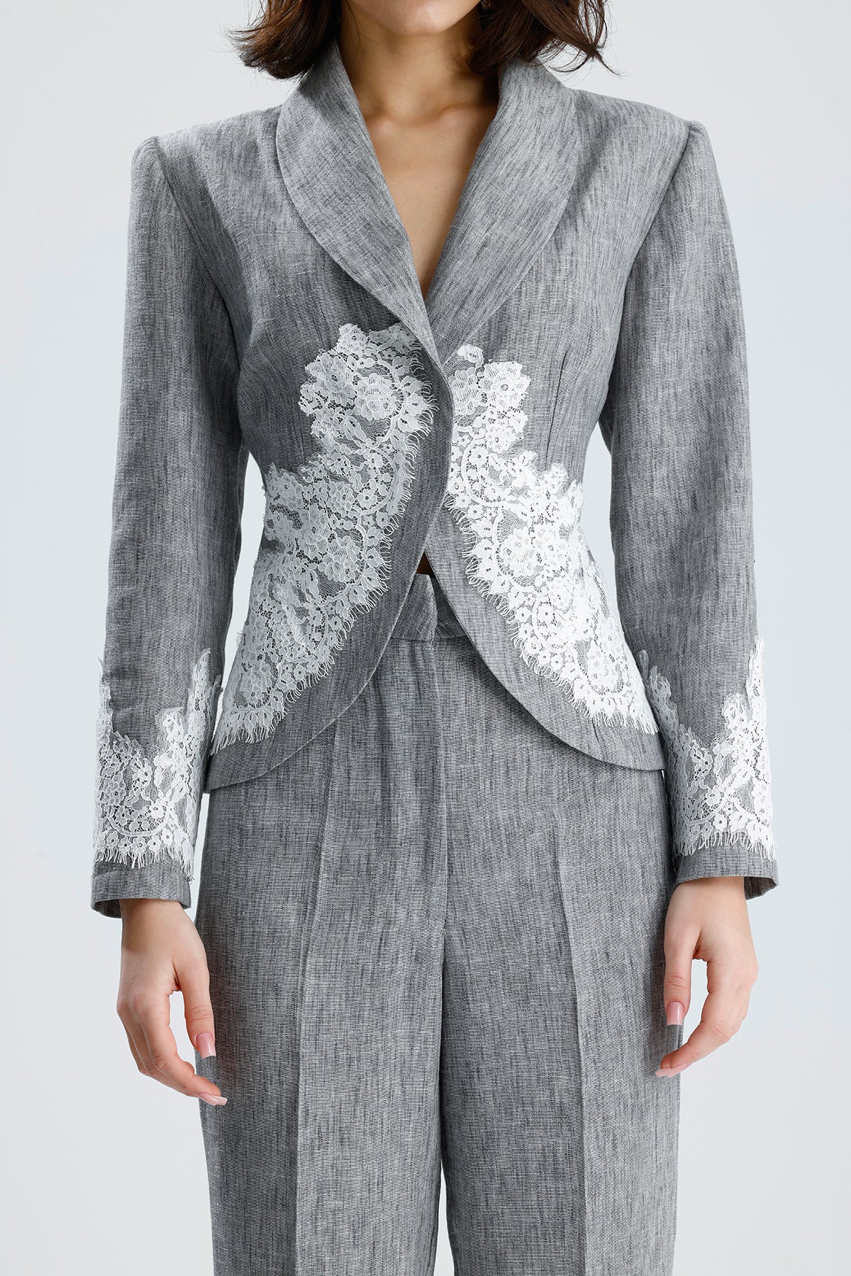 Gray Lace Embellished Tailored Set