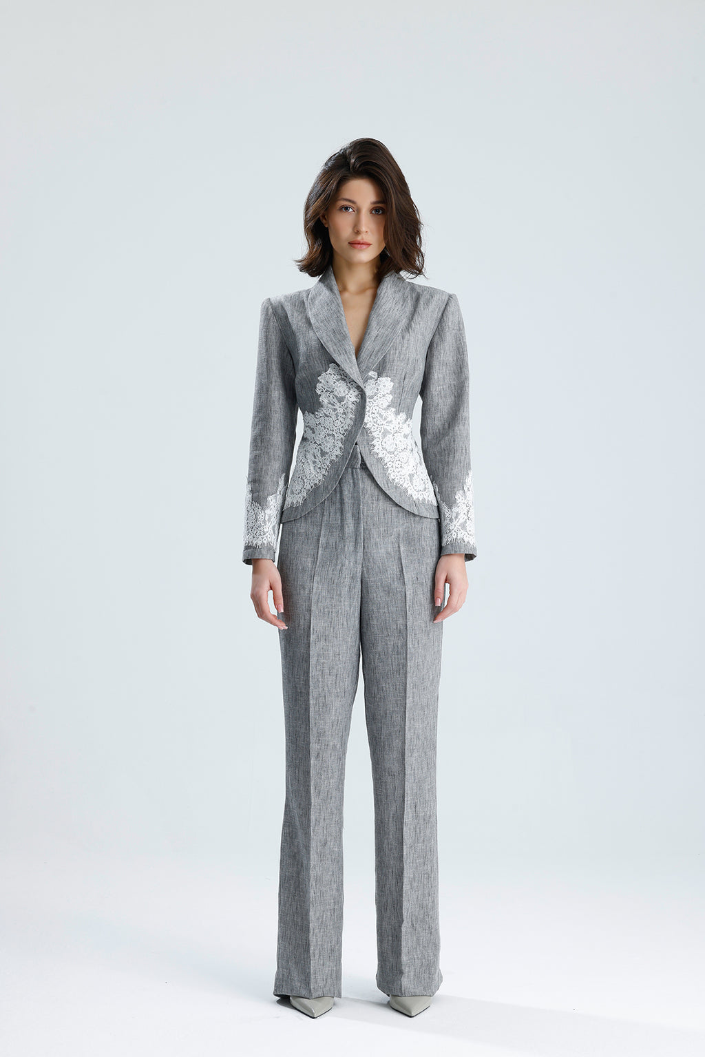 Gray Lace Embellished Tailored Set
