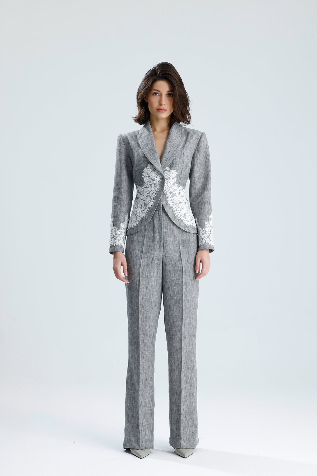 Gray Lace Embellished Tailored Set
