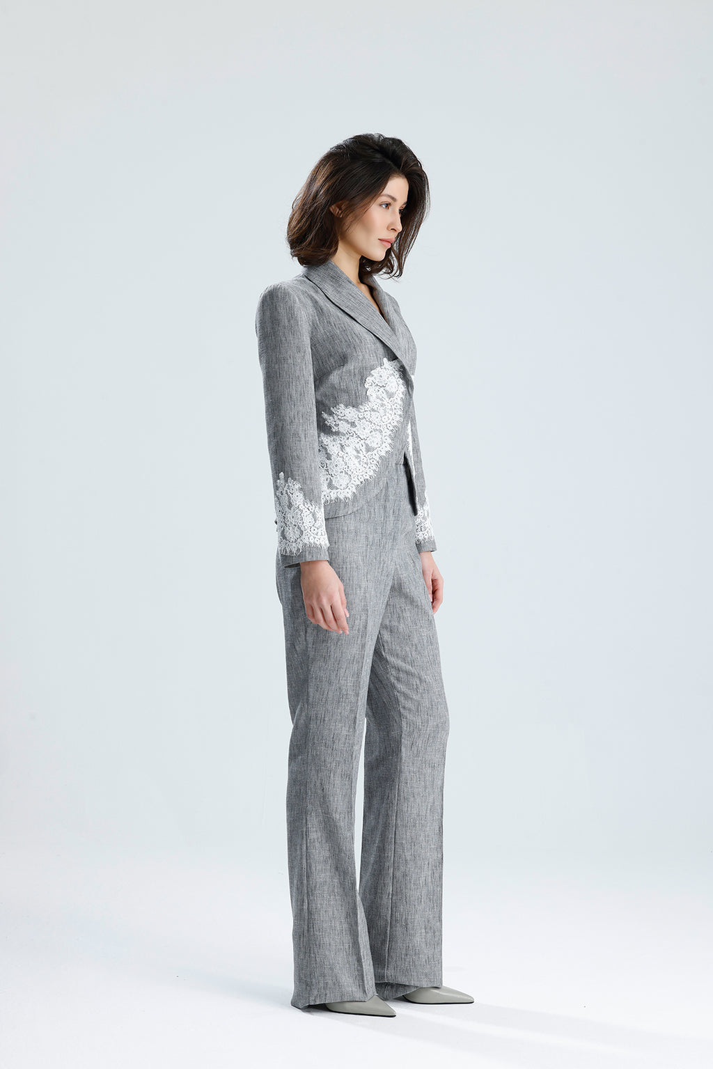 Gray Lace Embellished Tailored Set