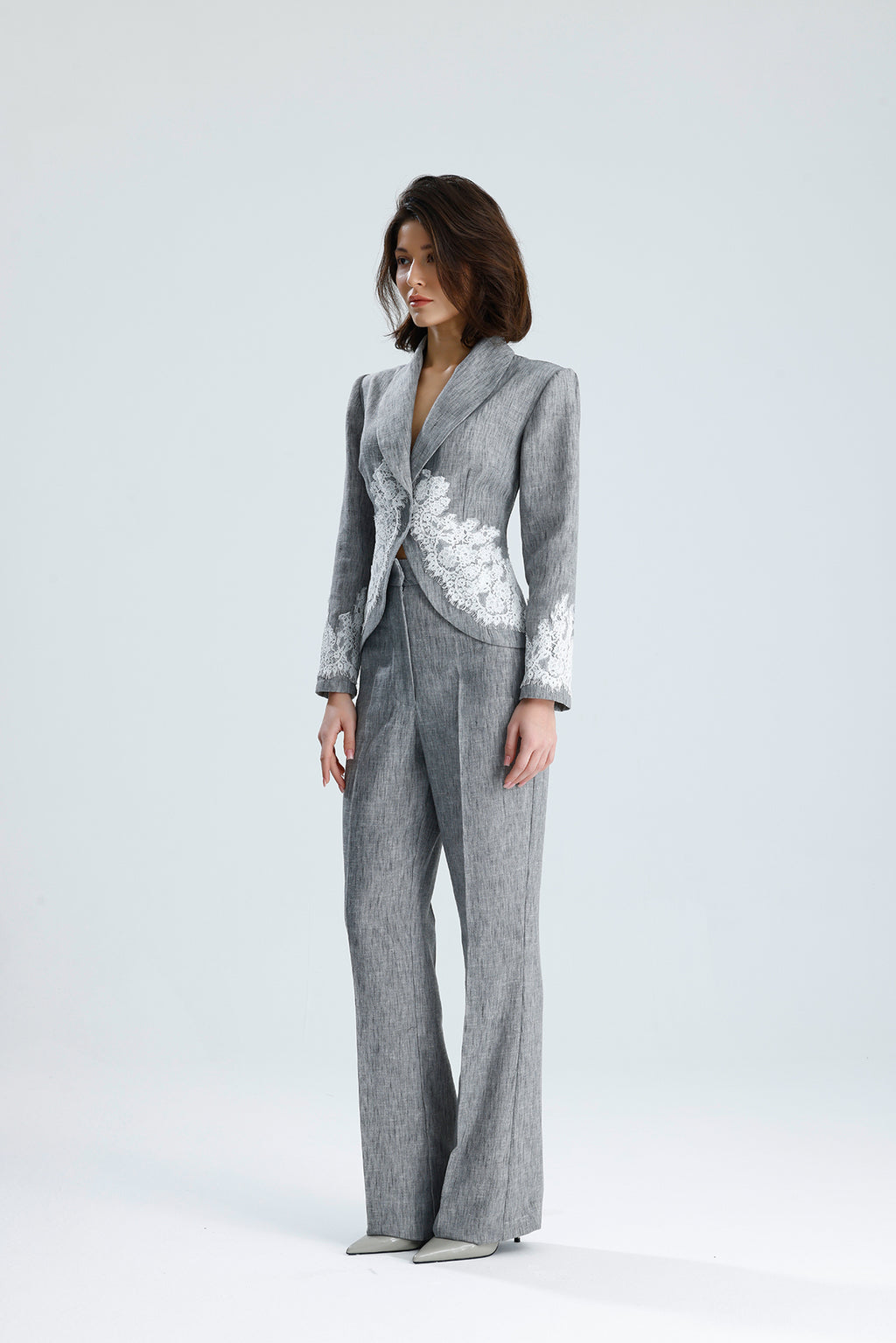 Gray Lace Embellished Tailored Set