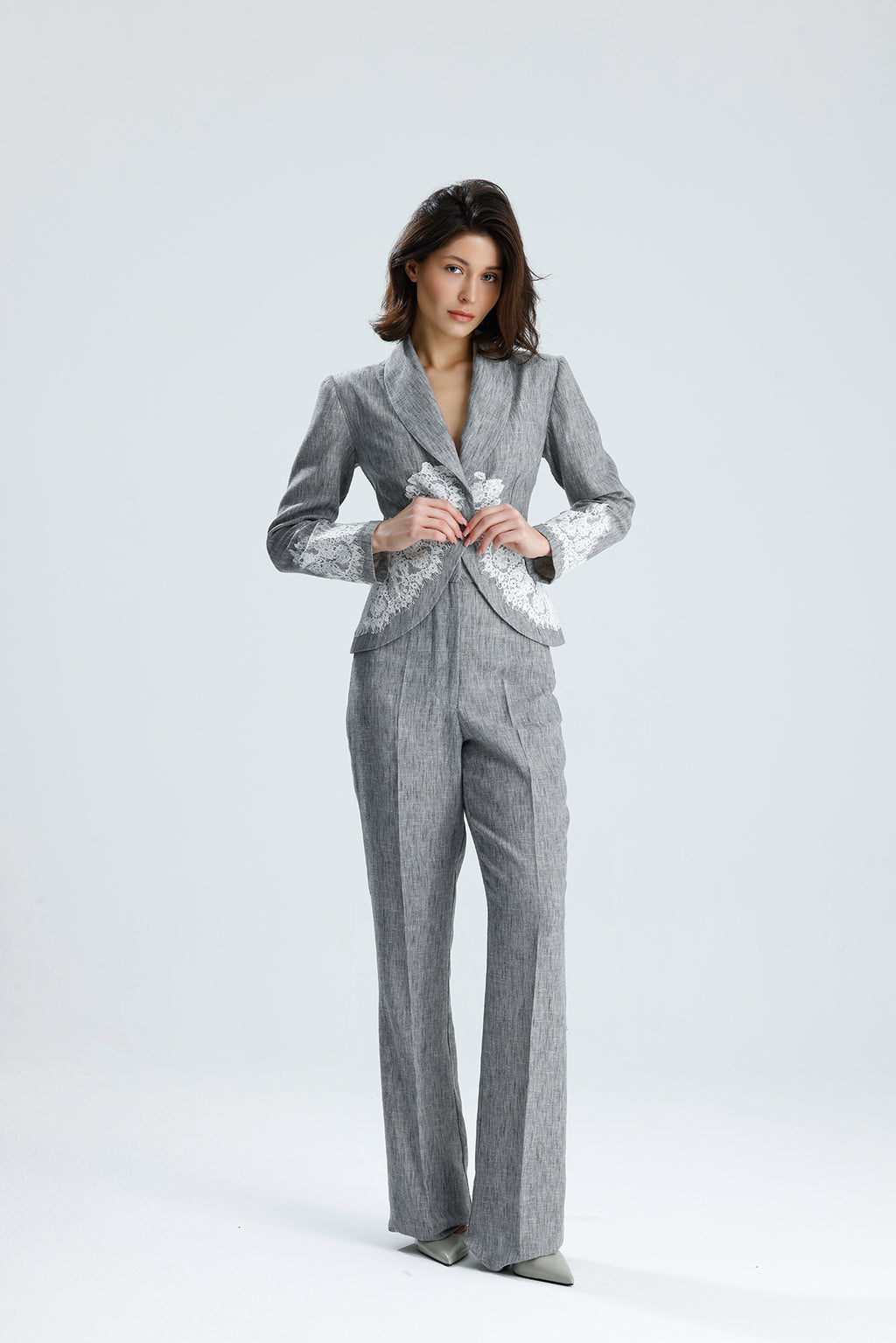 Gray Lace Embellished Tailored Set