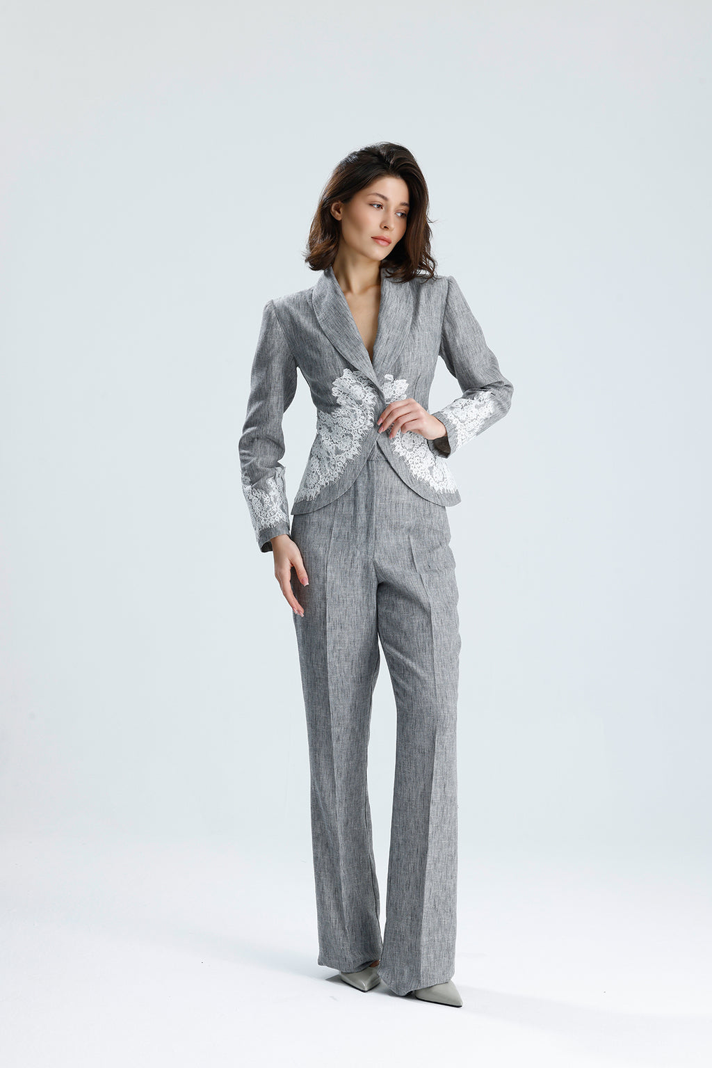 Gray Lace Embellished Tailored Set