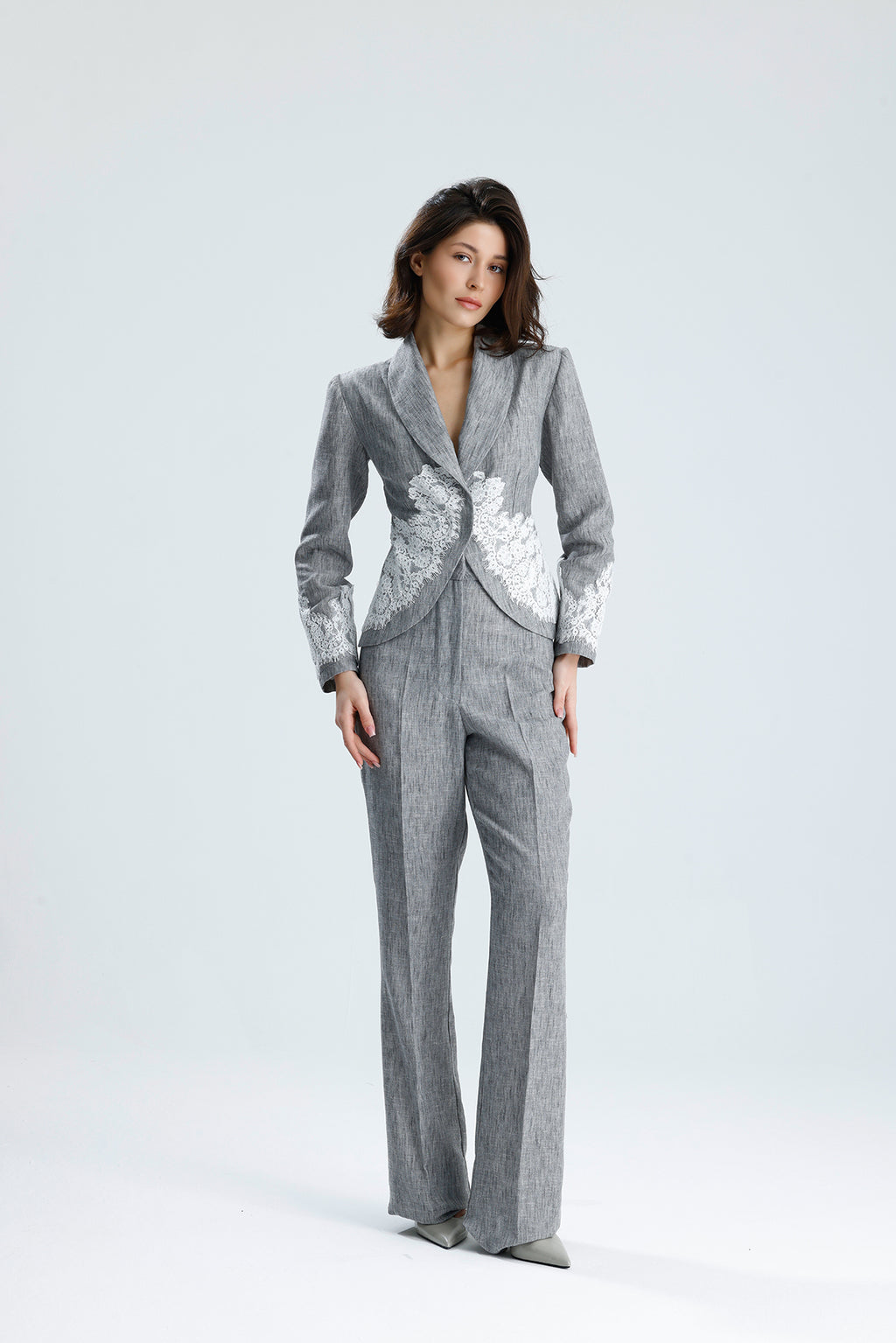 Gray Lace Embellished Tailored Set