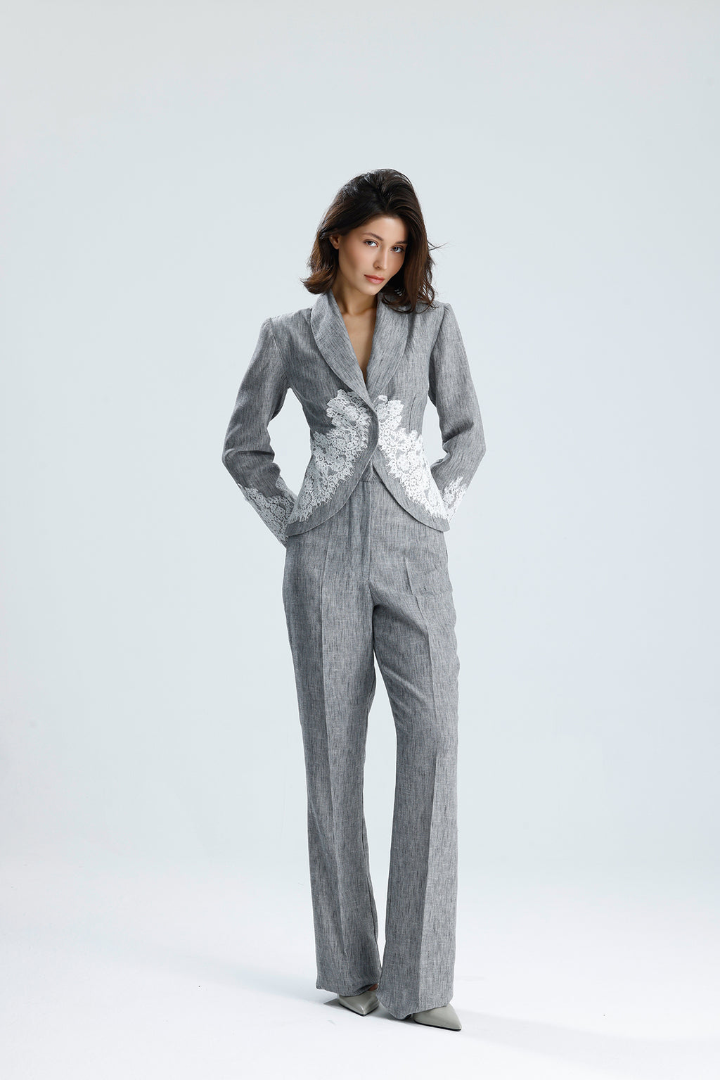 Gray Lace Embellished Tailored Set