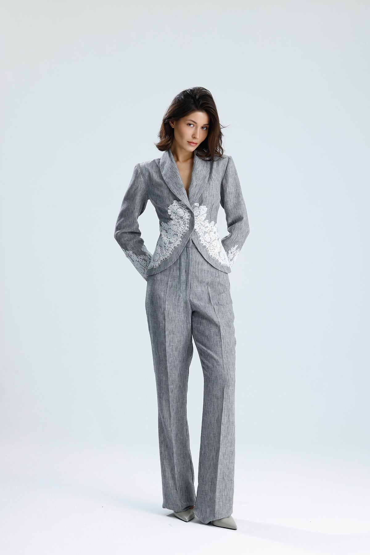 Gray Lace Embellished Tailored Set