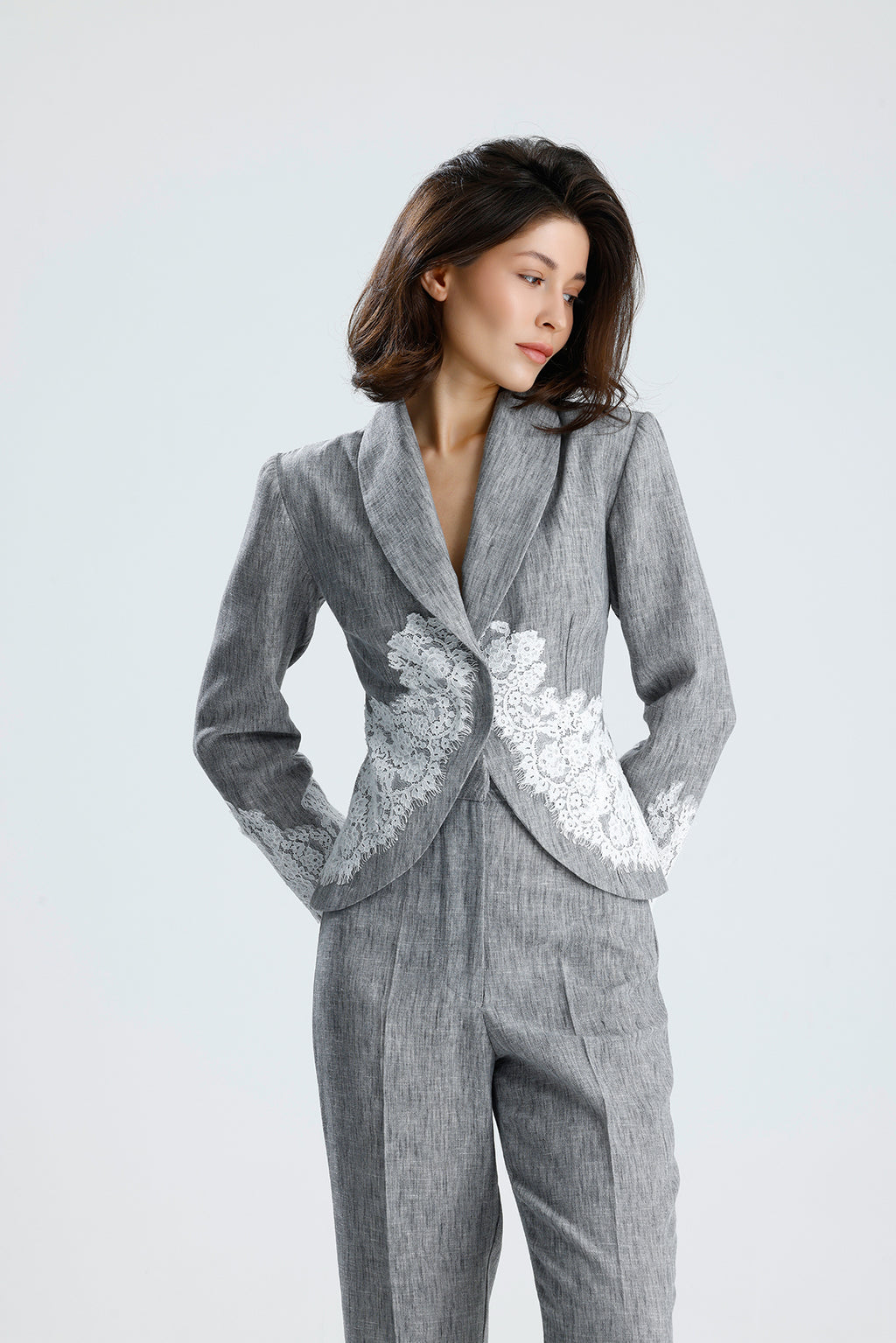 Gray Lace Embellished Tailored Set