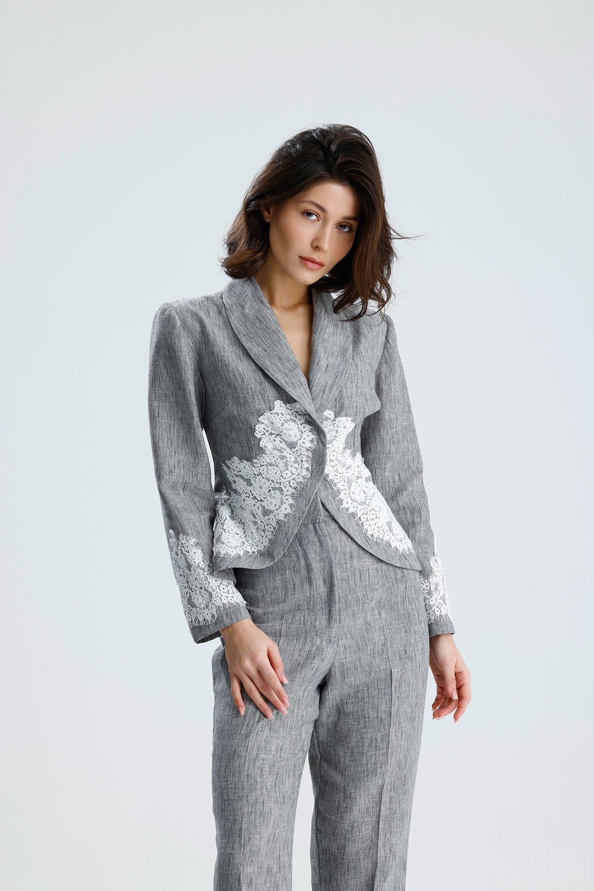 Gray Lace Embellished Tailored Set