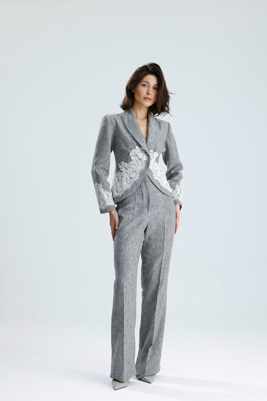 Gray Lace Embellished Tailored Set