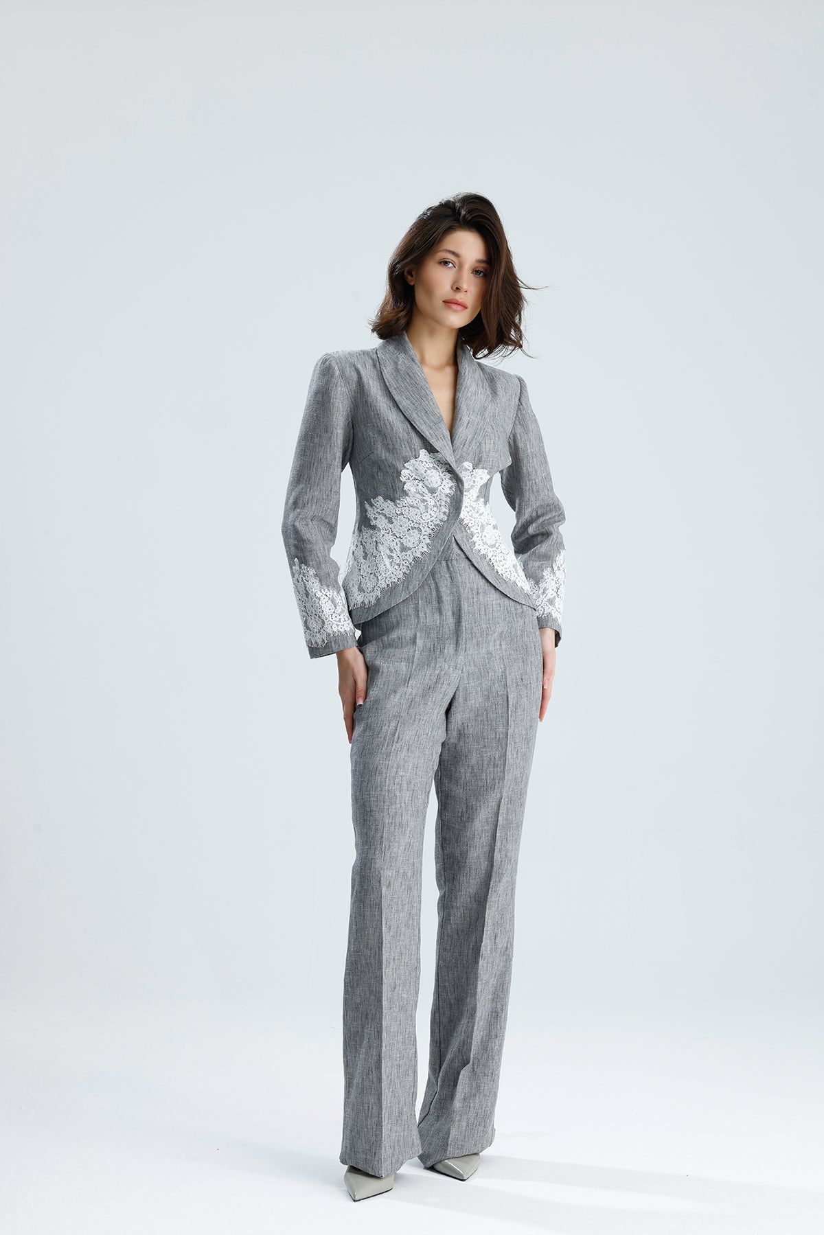 Gray Lace Embellished Tailored Set