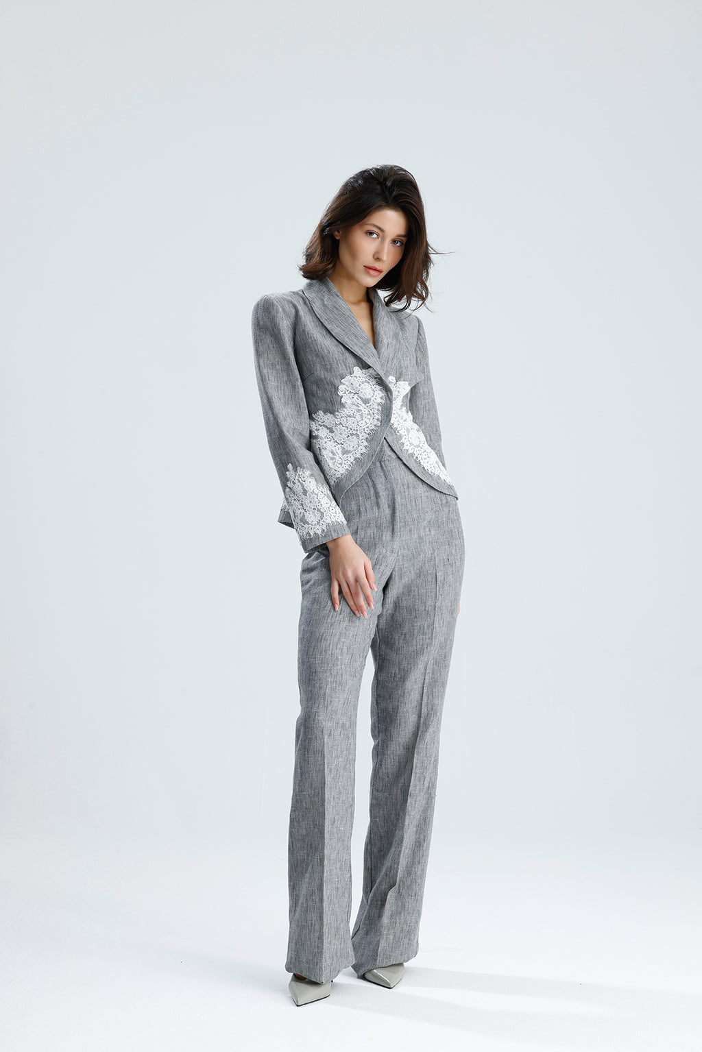 Gray Lace Embellished Tailored Set