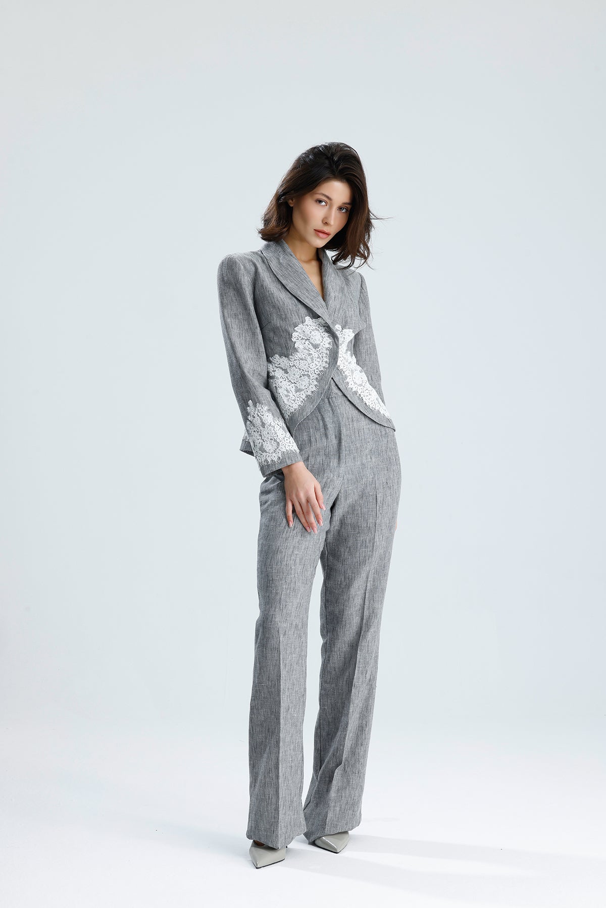 Gray Lace Embellished Tailored Set