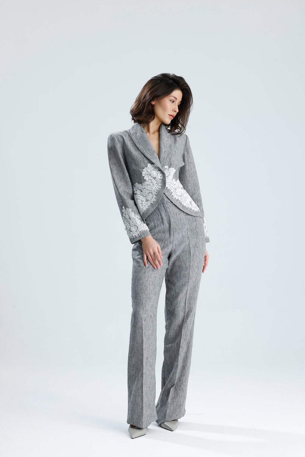 Gray Lace Embellished Tailored Set