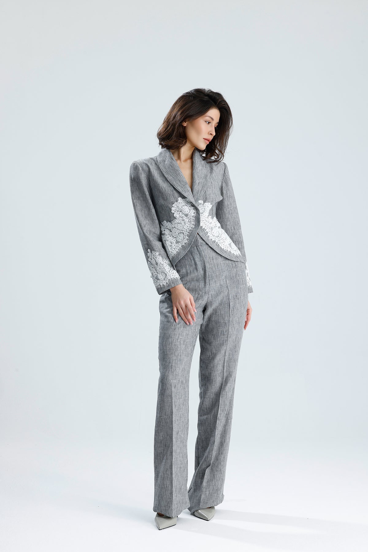 Gray Lace Embellished Tailored Set