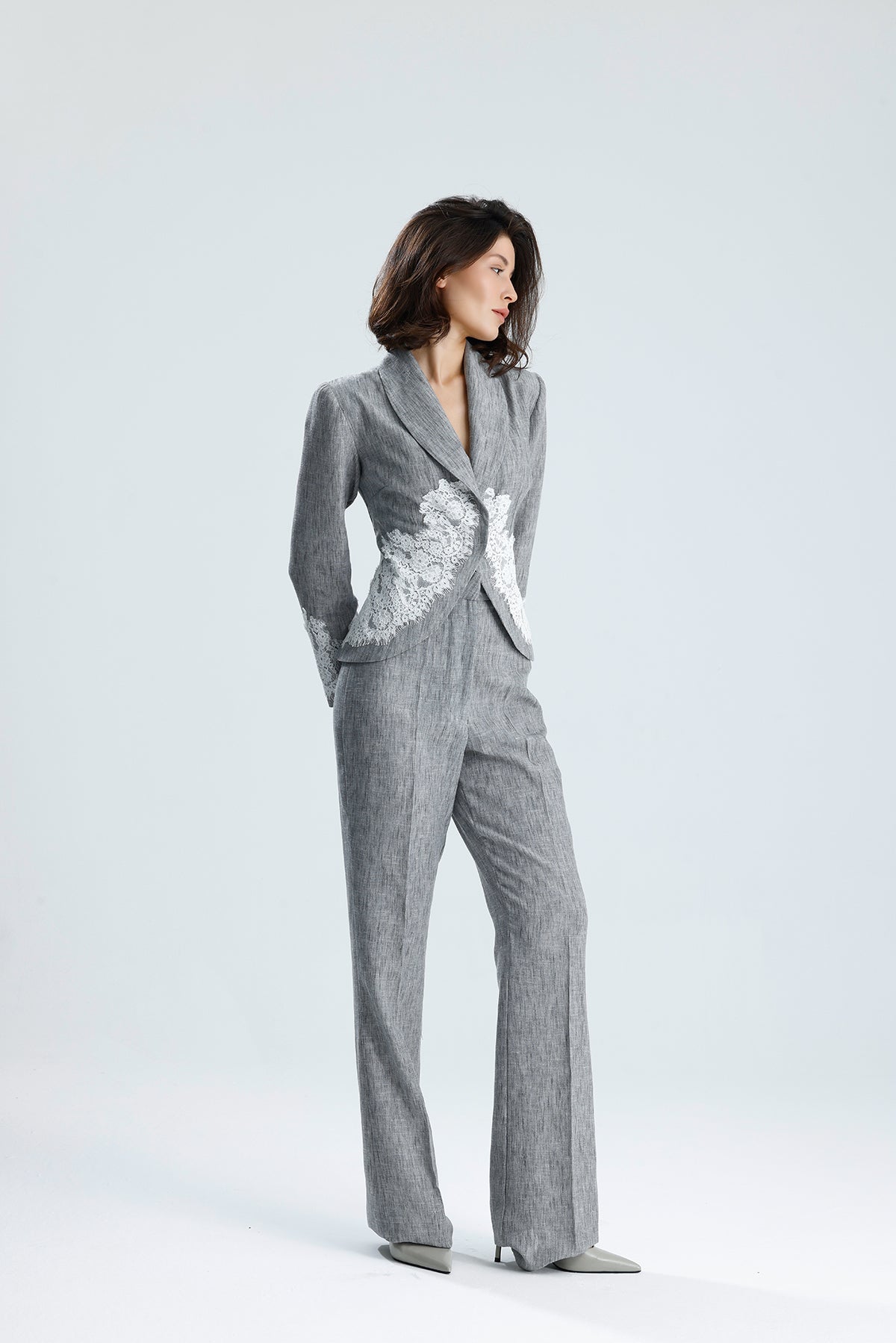 Gray Lace Embellished Tailored Set