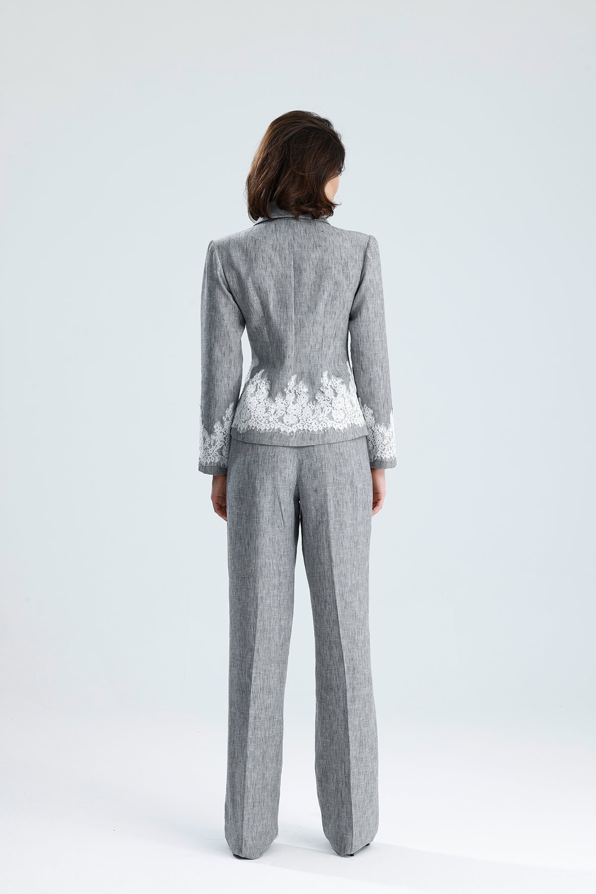Gray Lace Embellished Tailored Set