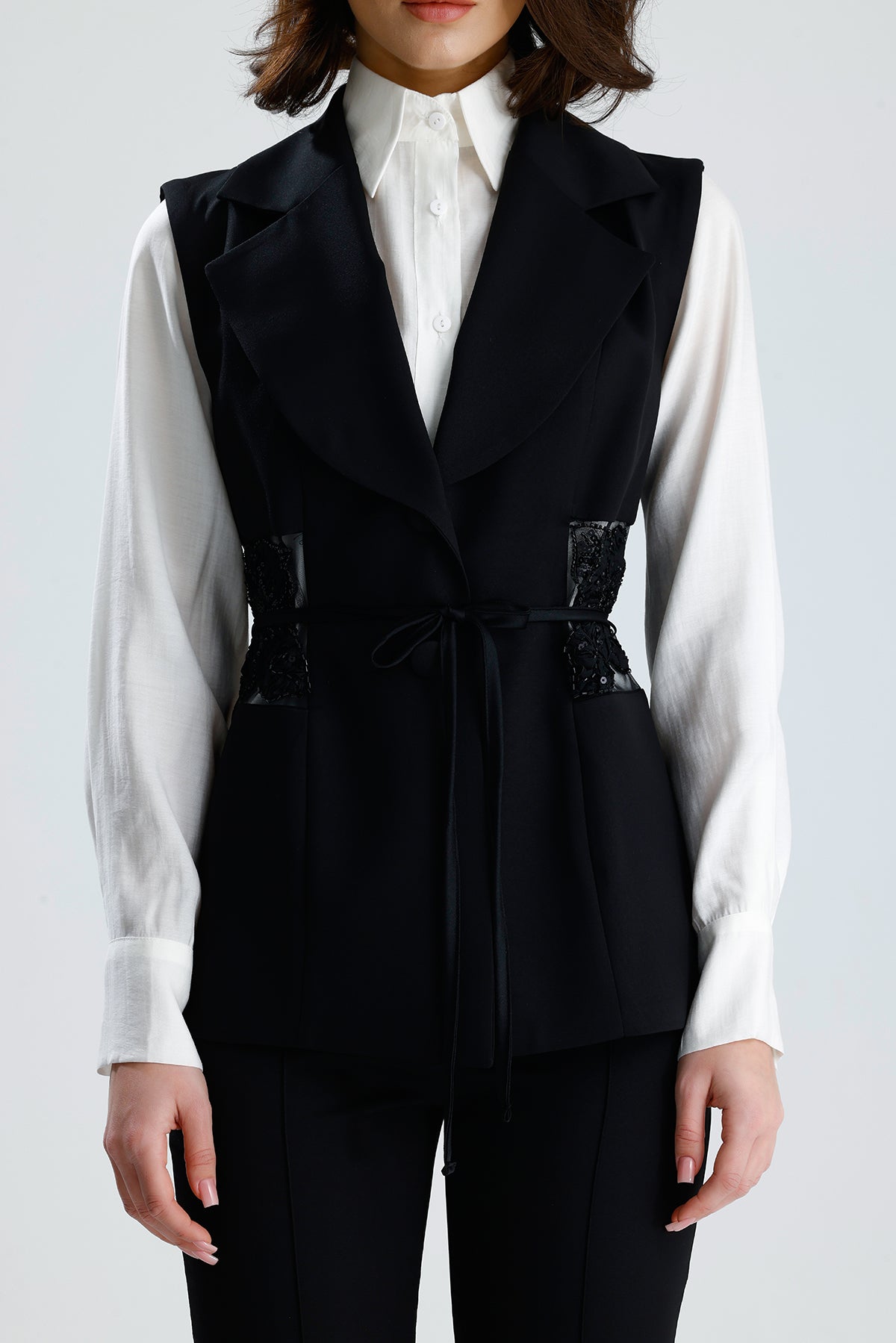 Black Embellished Tailored Vest Set