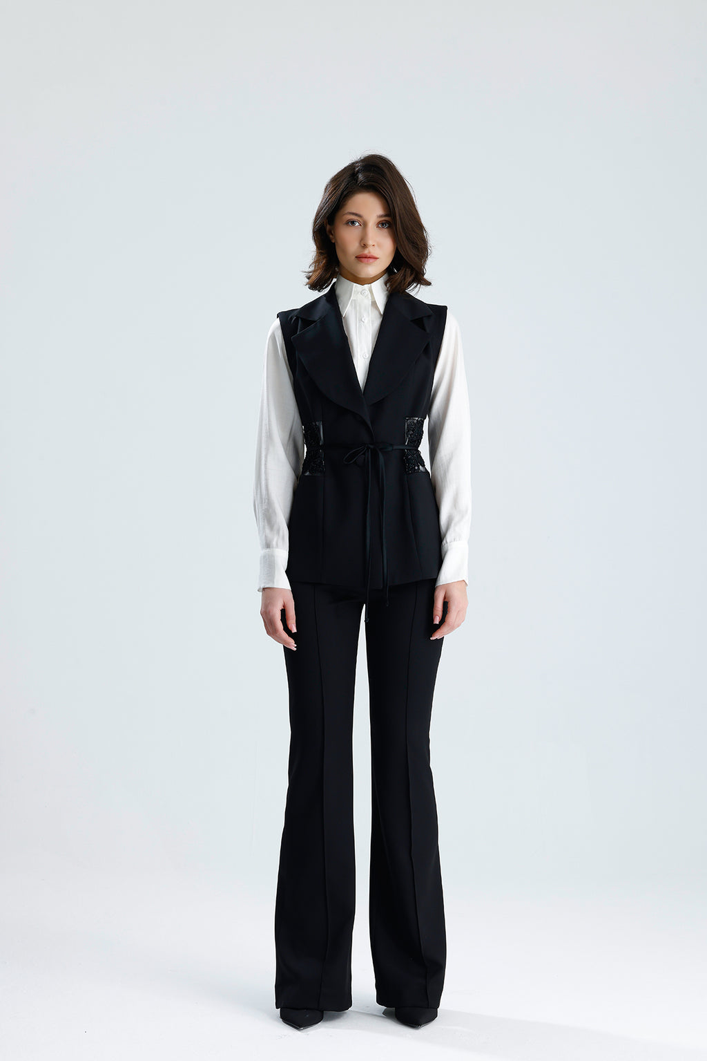 Black Embellished Tailored Vest Set