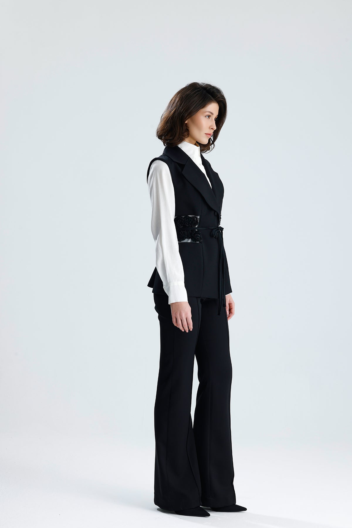 Black Embellished Tailored Vest Set