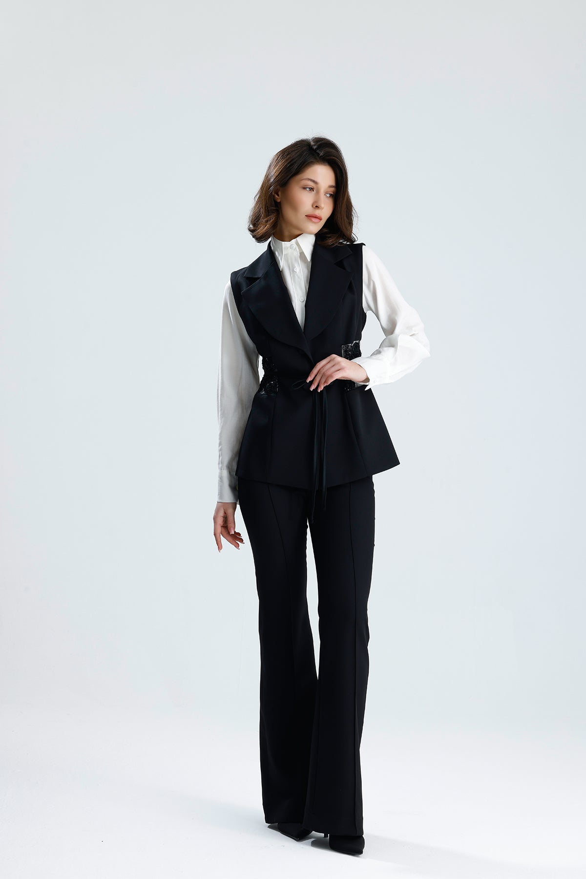 Black Embellished Tailored Vest Set