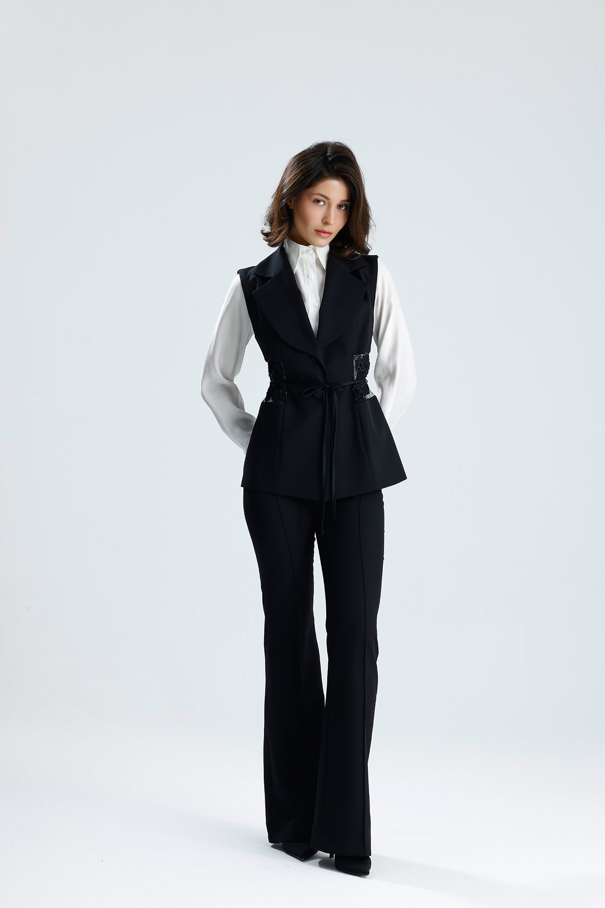 Black Embellished Tailored Vest Set