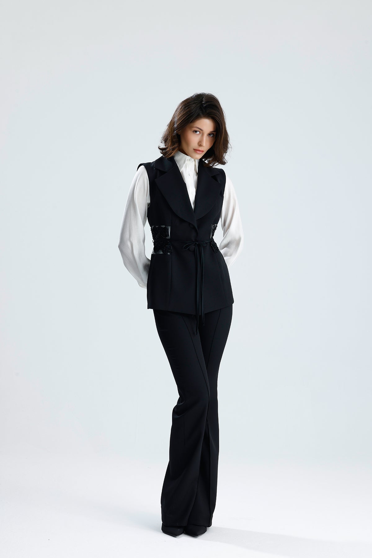 Black Embellished Tailored Vest Set
