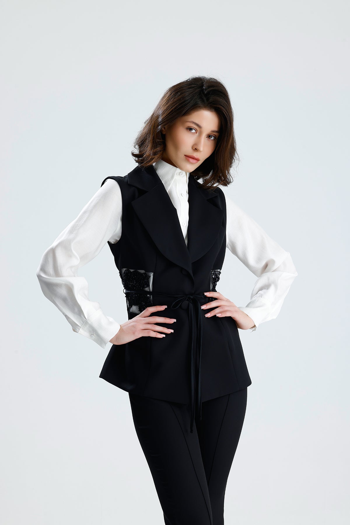 Black Embellished Tailored Vest Set