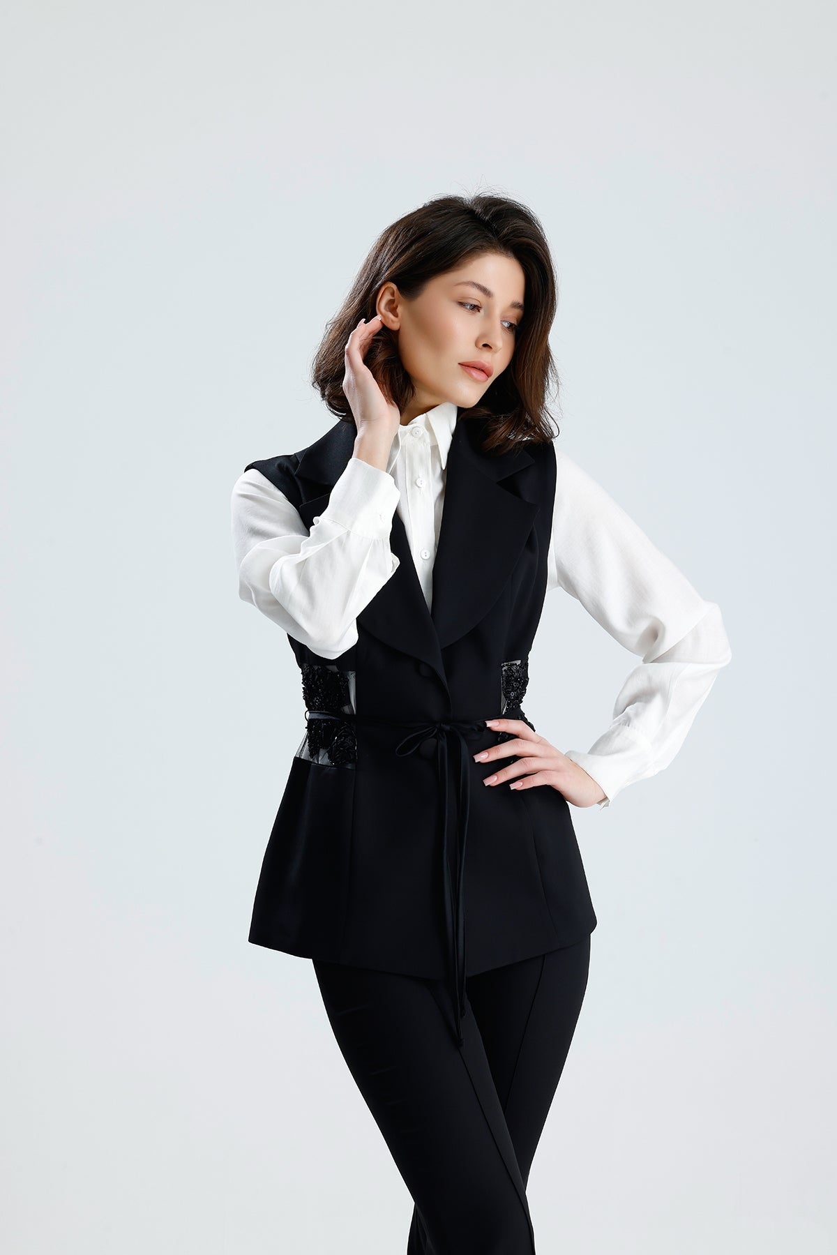 Black Embellished Tailored Vest Set