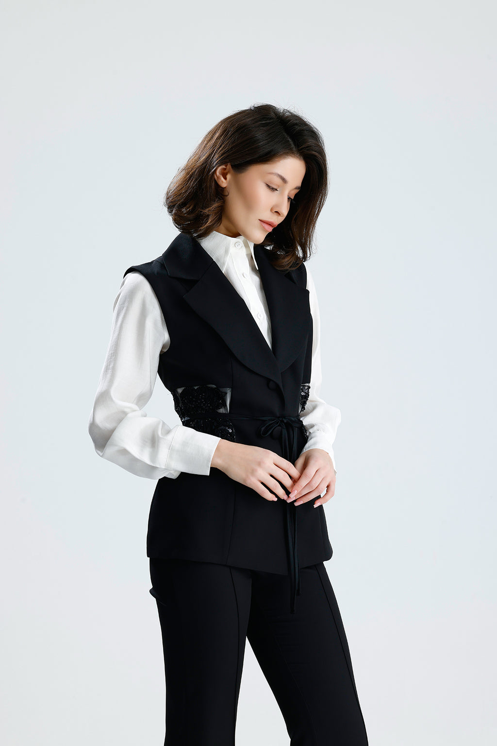Black Embellished Tailored Vest Set
