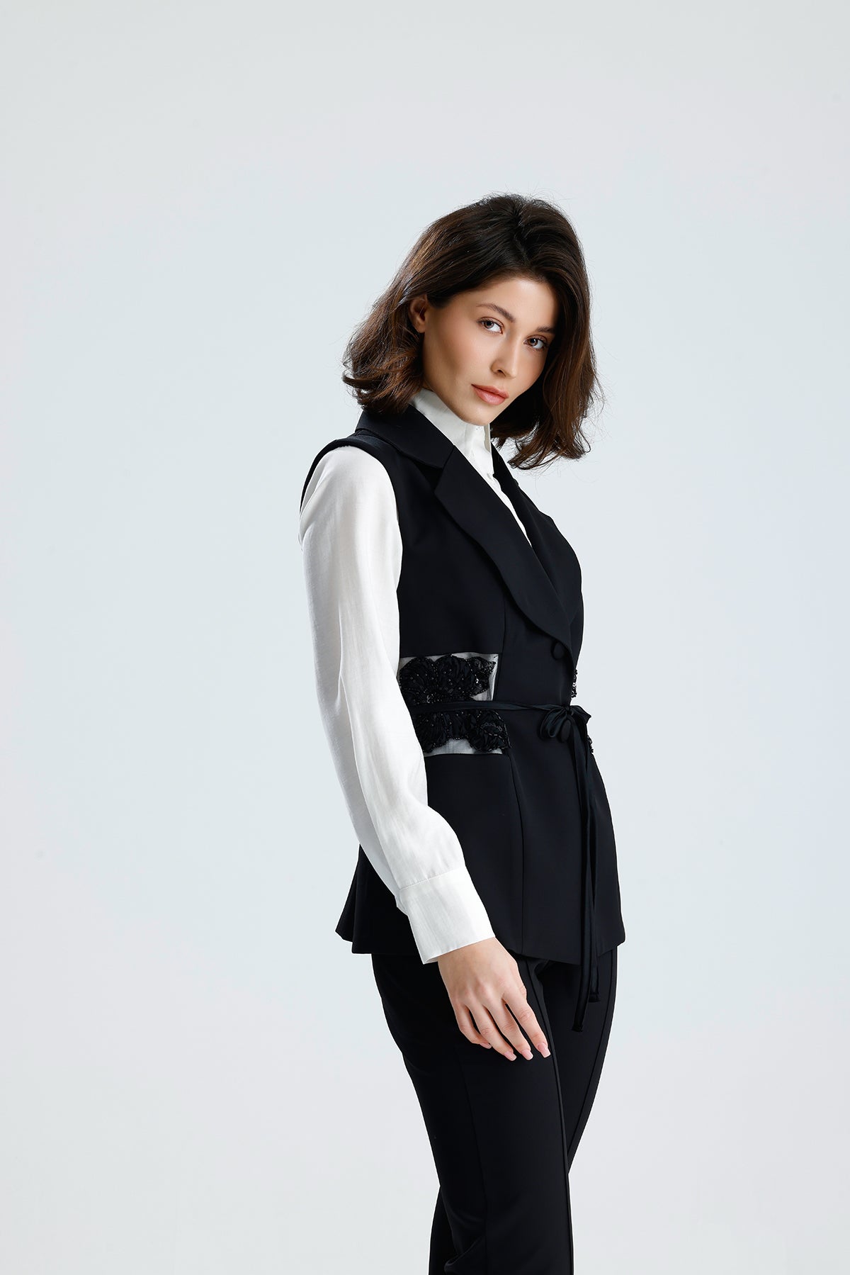 Black Embellished Tailored Vest Set