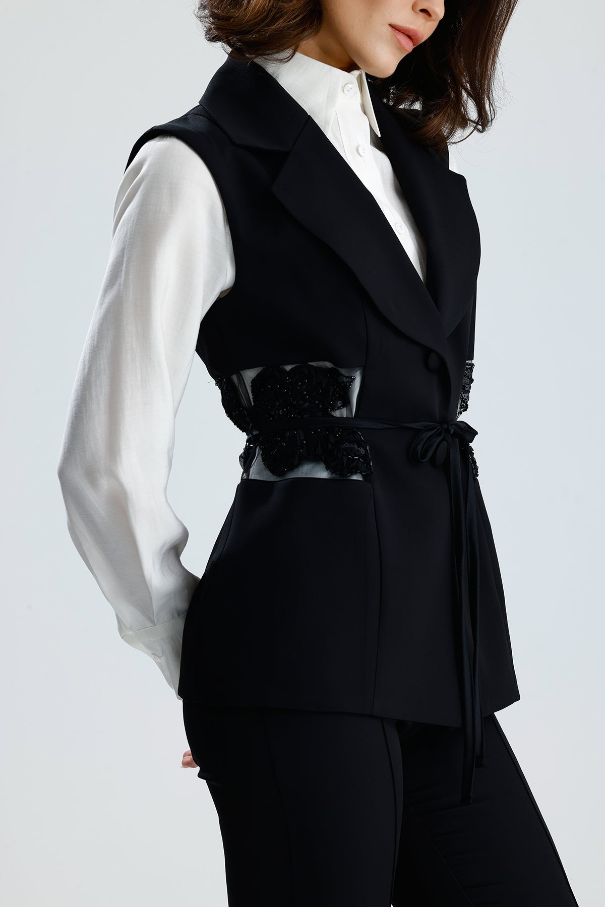 Black Embellished Tailored Vest Set