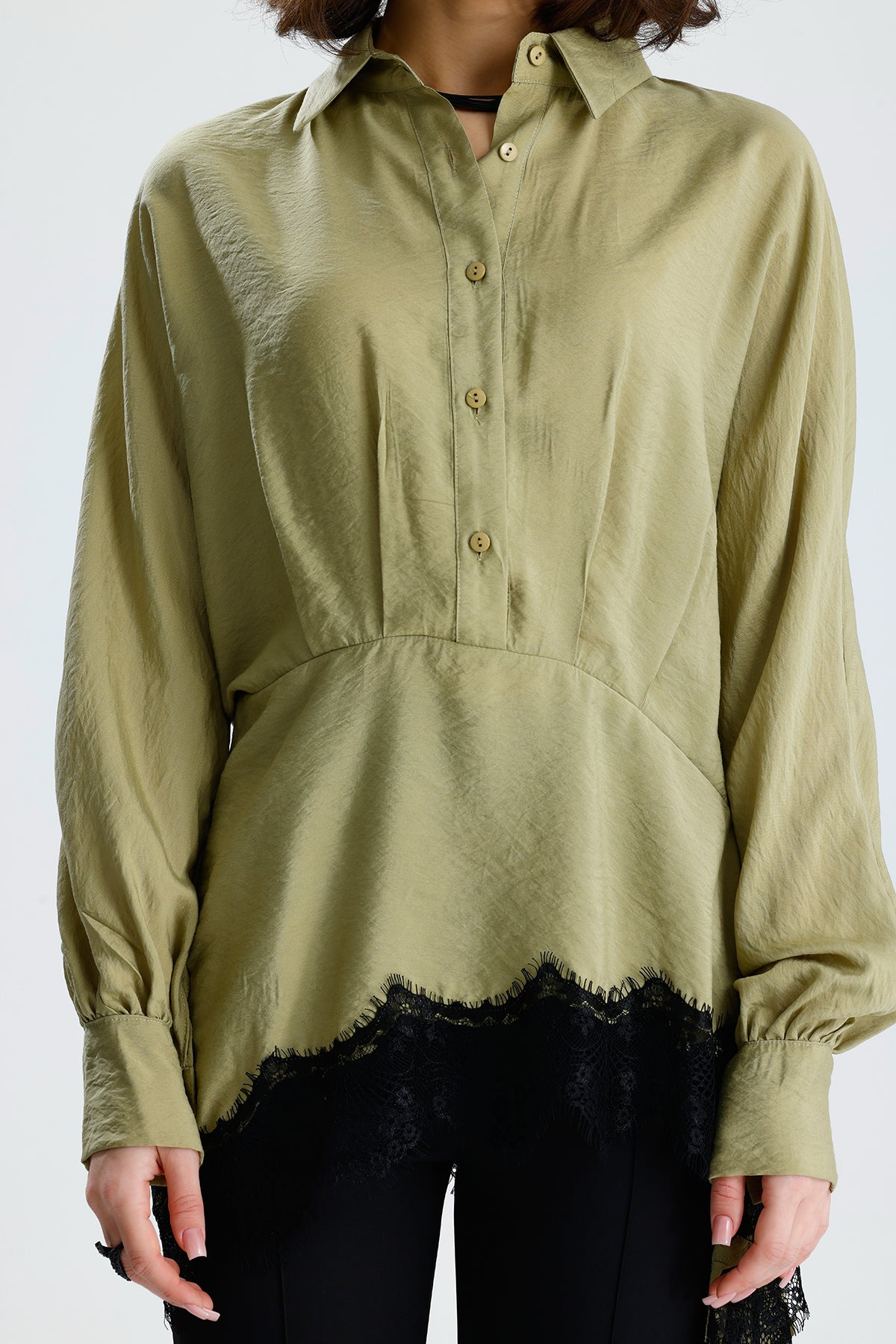 Green Asymmetric Lace Detail Blouse