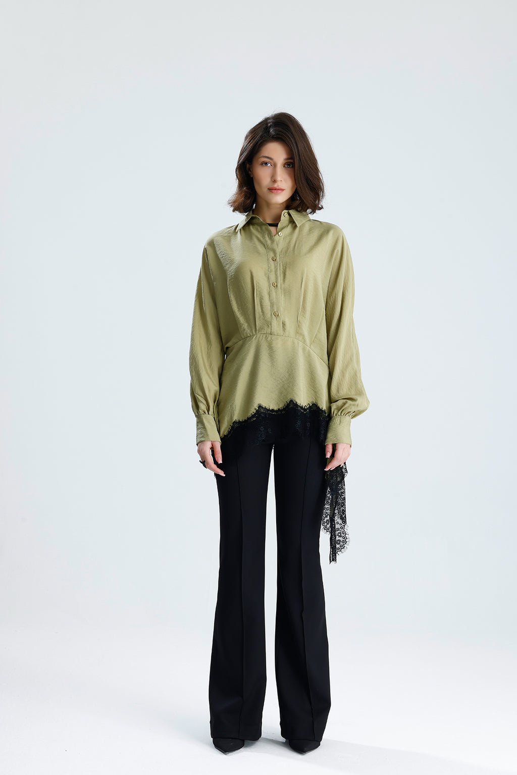 Green Asymmetric Lace Detail Blouse