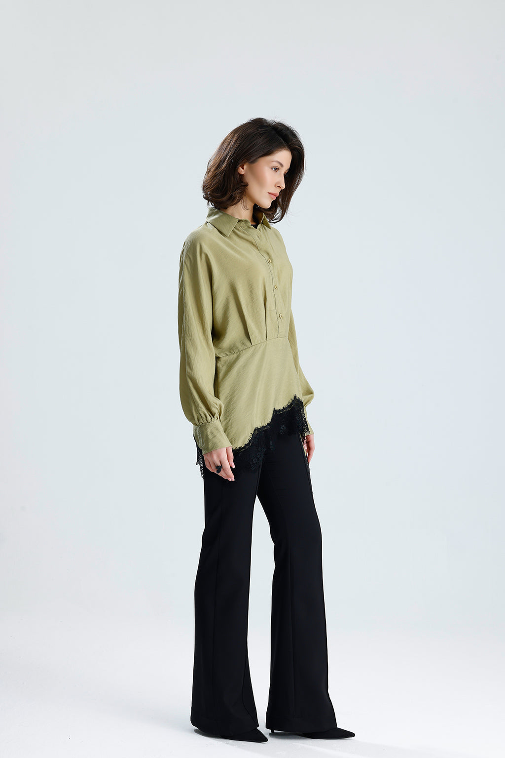 Green Asymmetric Lace Detail Blouse