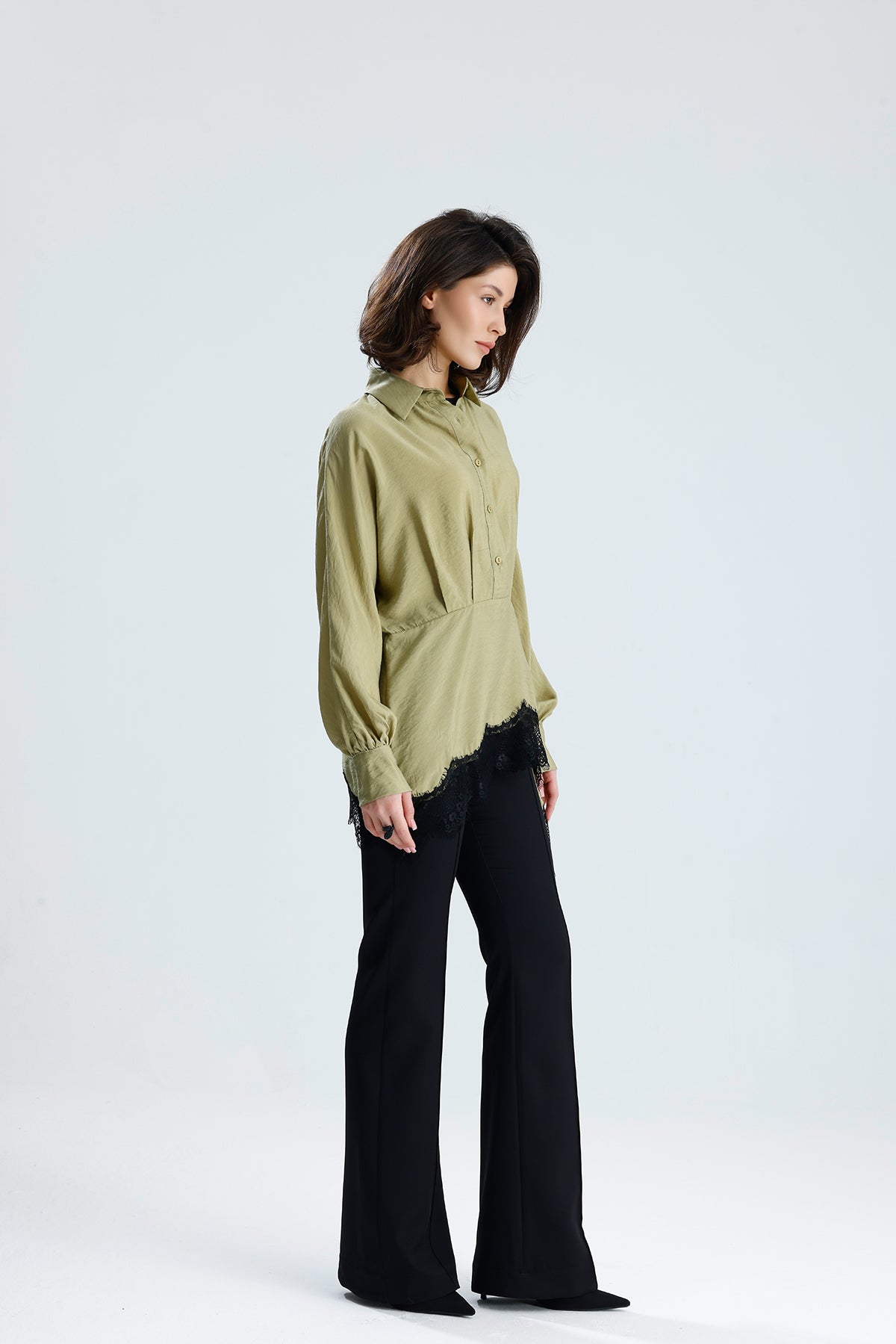 Green Asymmetric Lace Detail Blouse