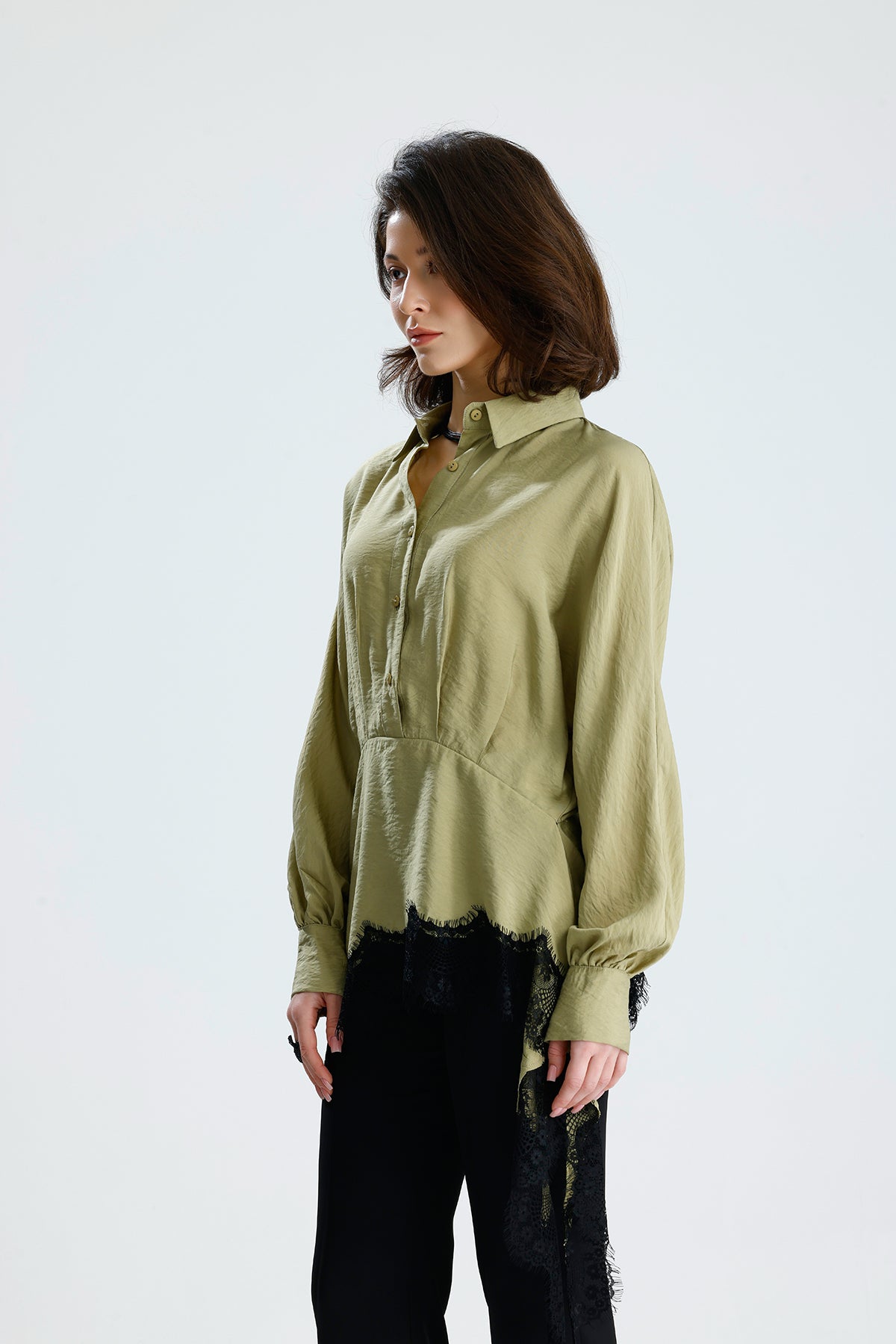 Green Asymmetric Lace Detail Blouse