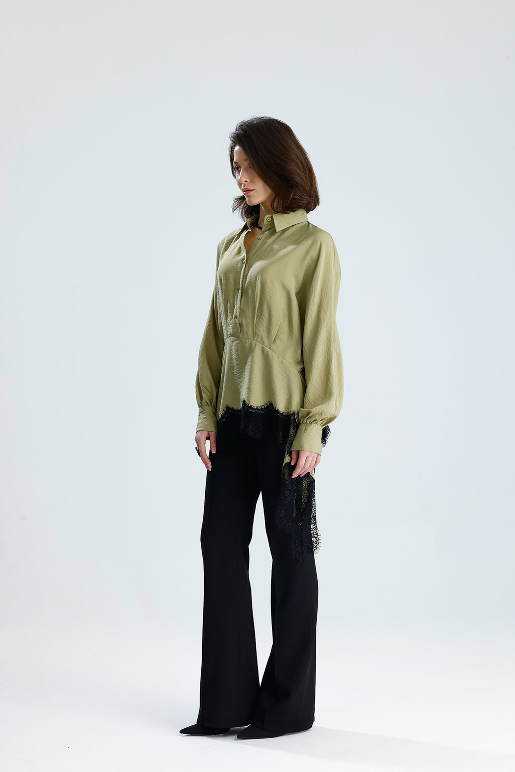Green Asymmetric Lace Detail Blouse