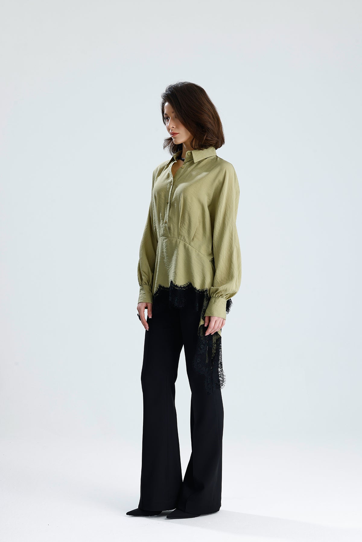 Green Asymmetric Lace Detail Blouse