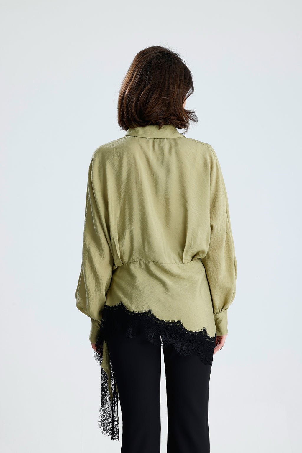 Green Asymmetric Lace Detail Blouse