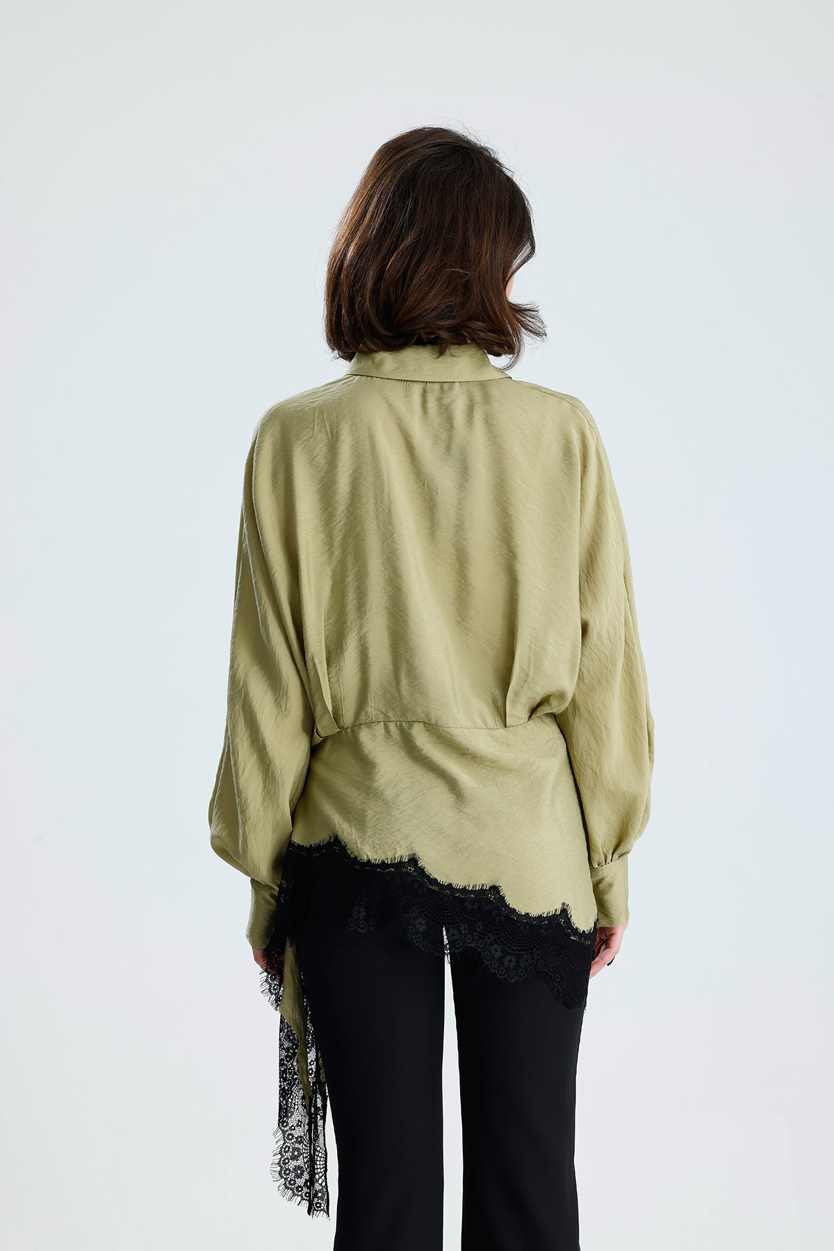 Green Asymmetric Lace Detail Blouse