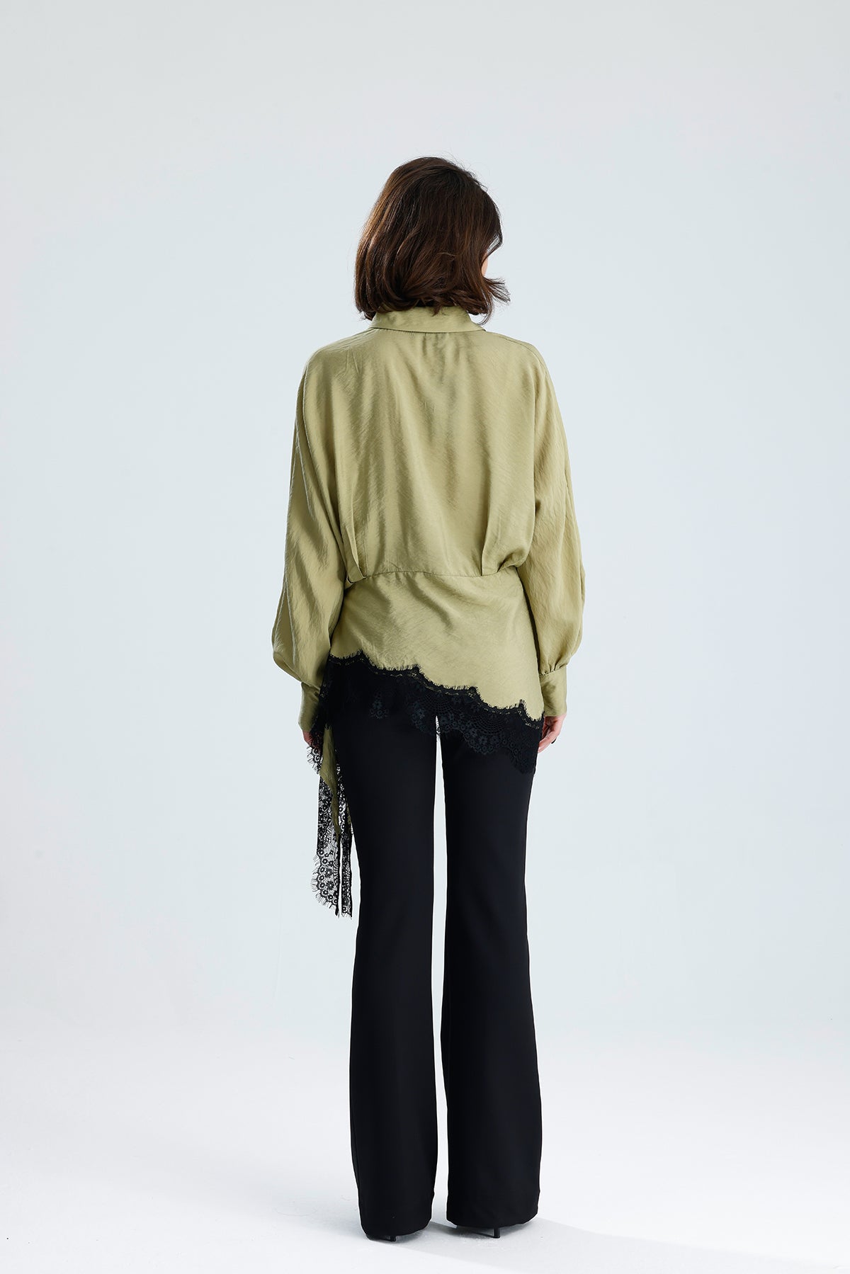 Green Asymmetric Lace Detail Blouse