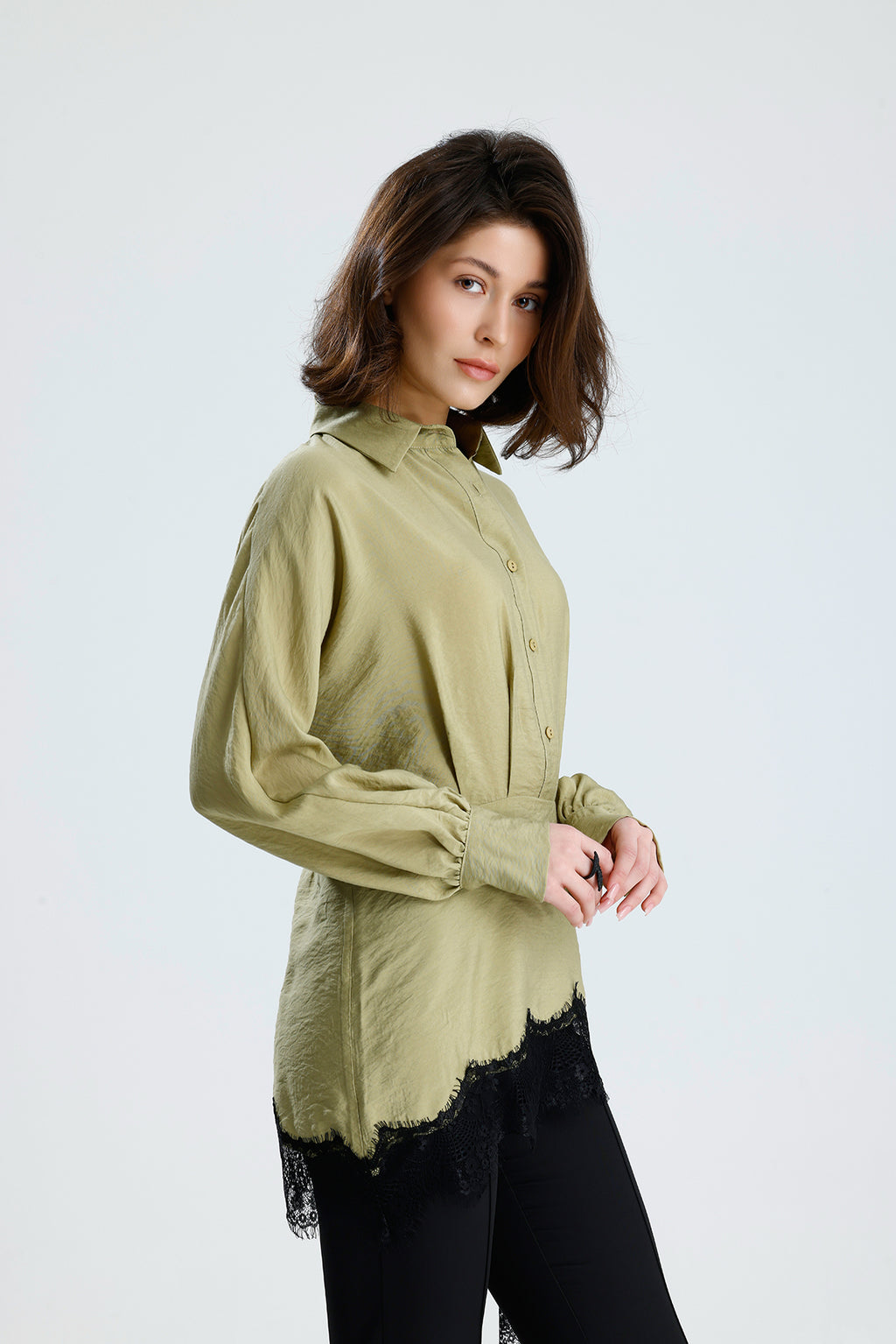 Green Asymmetric Lace Detail Blouse