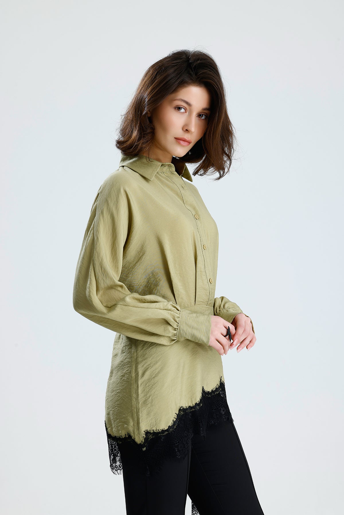 Green Asymmetric Lace Detail Blouse