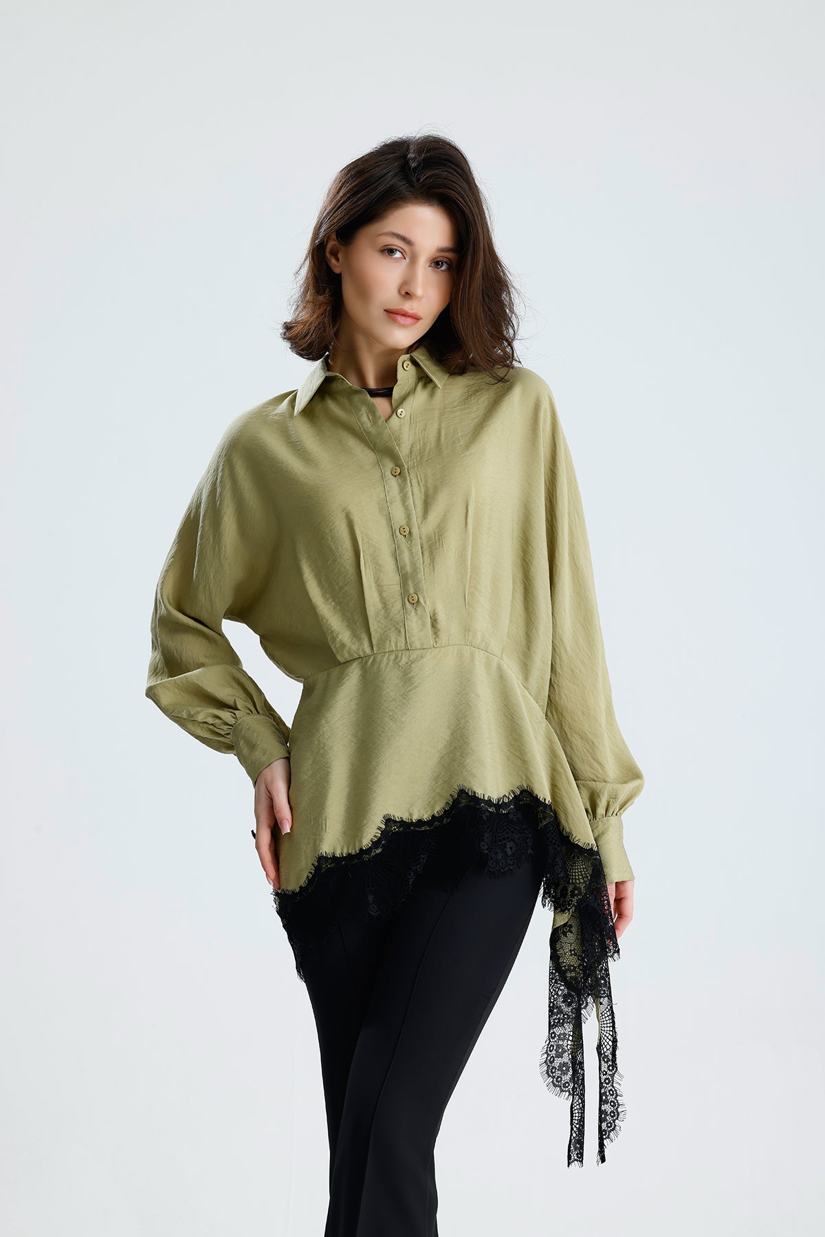 Green Asymmetric Lace Detail Blouse