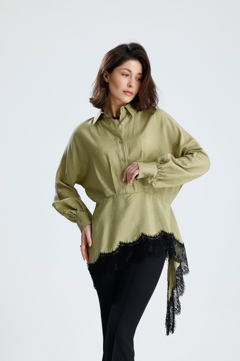 Green Asymmetric Lace Detail Blouse