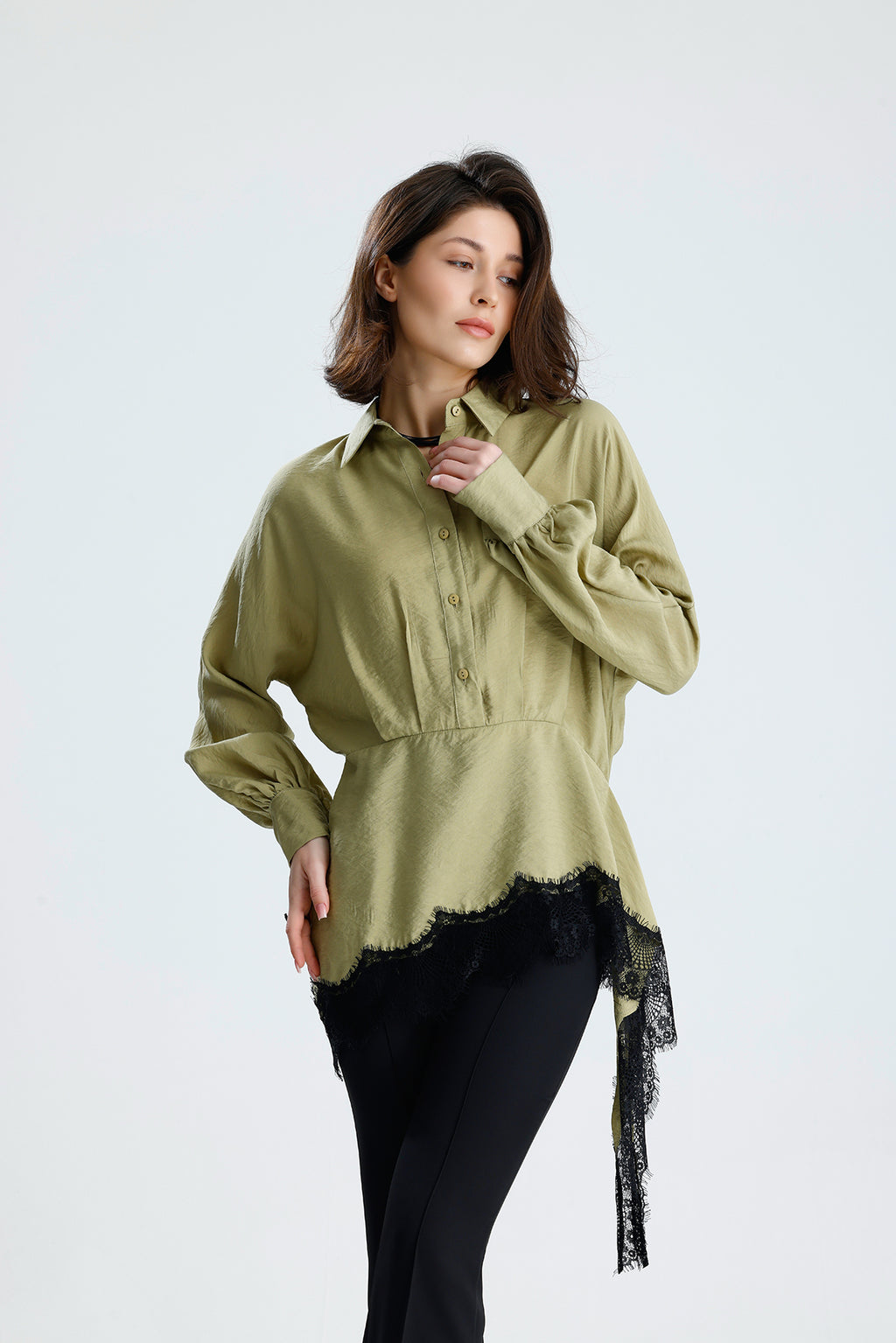 Green Asymmetric Lace Detail Blouse