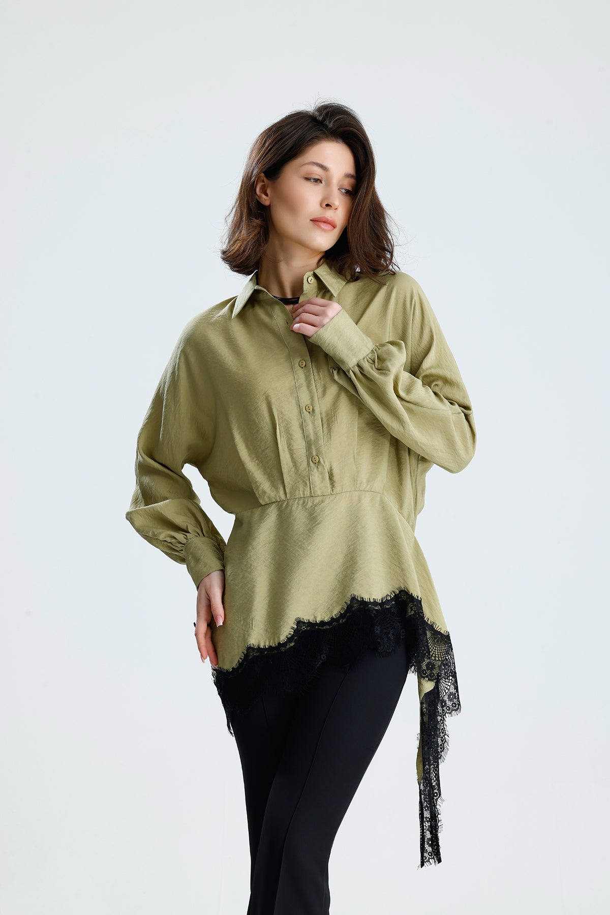 Green Asymmetric Lace Detail Blouse