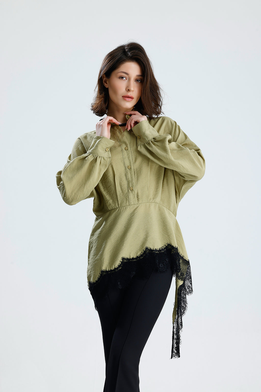 Green Asymmetric Lace Detail Blouse