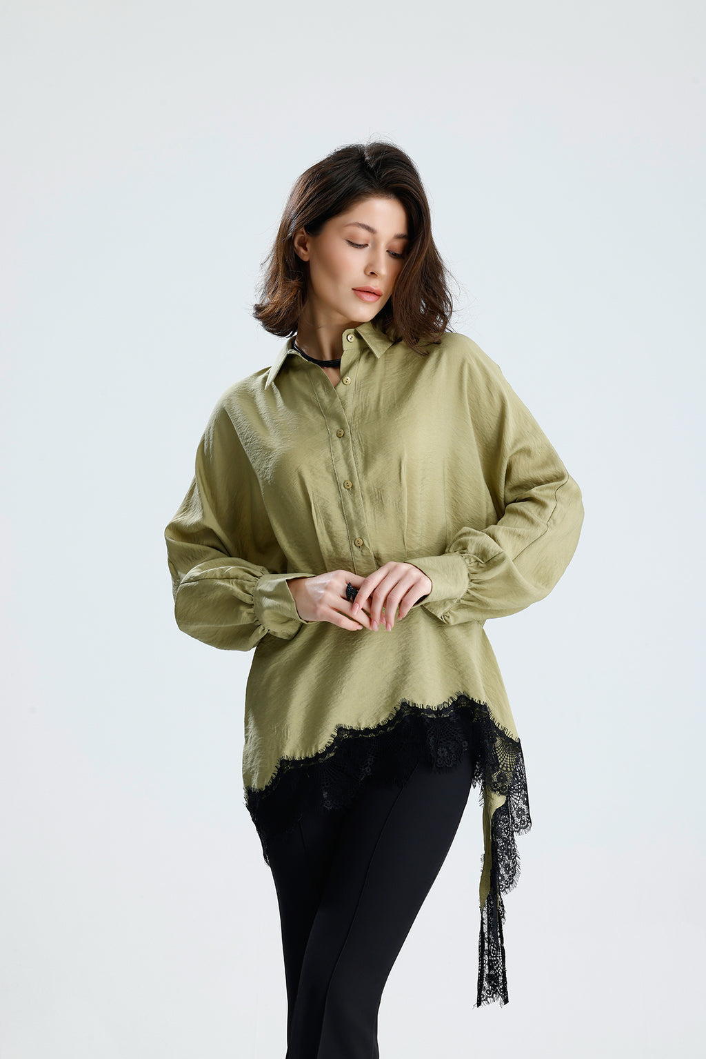 Green Asymmetric Lace Detail Blouse