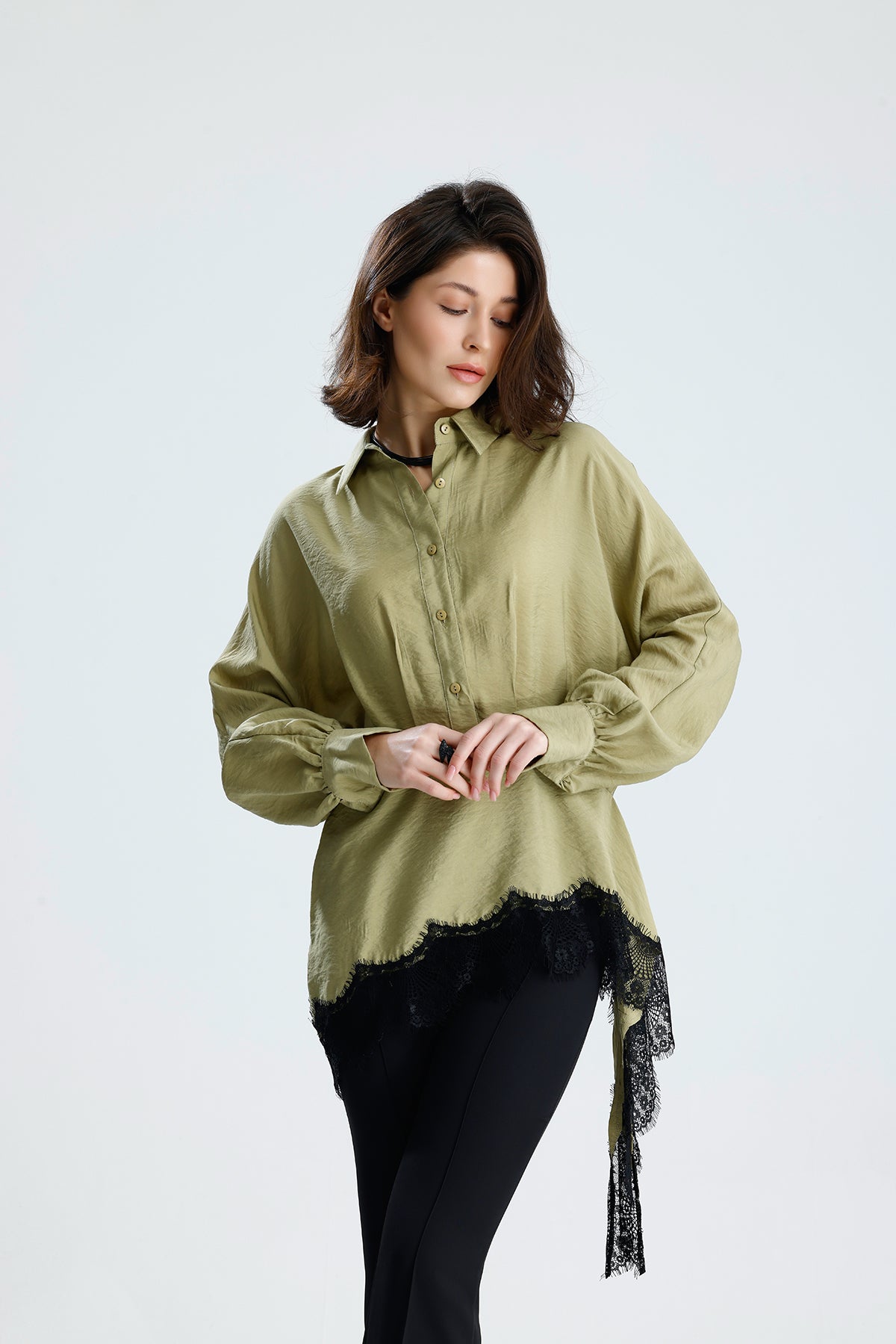 Green Asymmetric Lace Detail Blouse